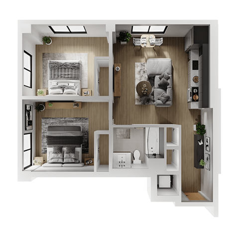 Floor plan for 2 beds, 1 bath, 853 sqft